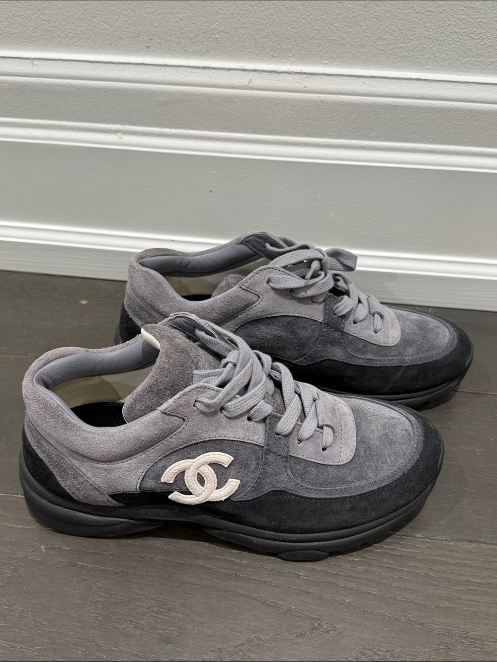 CHANEL Gray and Black Suede CC Logo Sneakers
